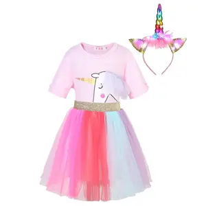 Vestido casual de tule para festa de princesa unicórnio, blusa de rosa arco-íris, saia tutu, roupa de bandana, para meninas