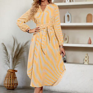 Robes à volants à col en V rayées à la mode, nouvelle collection automne-hiver, vente en gros personnalisée - Product Image 5