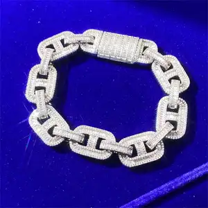 2024 Fashion Jewelry 925 Sterling Silver Flooded Out Zircon 15MM Gold Plated Coffee Bean Link Bracelet For Men