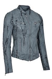 Veste pour femme en cuir Nappa gris 100% véritable, texture croco gaufrée, quincaillerie haut de gamme, marque privée, OEM/ODM, vente en gros - Product Image 3