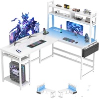 Bureau de jeu en forme de L moderne et réglable avec éclairage LED, table de jeu pour ordinateur blanche avec 2 prises + 2 ports USB