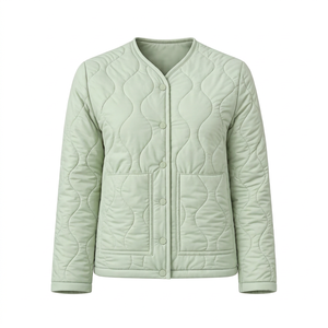<b>Women</b> Sage Green Quilted <b>Jacket</b> Collarless Wave Padding Coat Lightweight <b>Warm</b> Casual <b>Winter</b> Outerwear Snap Button Patch Pockets - Product Image 1