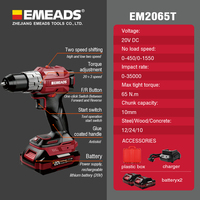 Perceuse à percussion sans fil Emeads EM2065T 20V, 65 Nm, mandrin 10 mm, 2 vitesses, pour béton, bois et métal