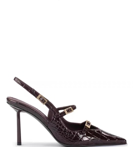 High Fashion <b>Black</b> Patent Leather Slingback <b>Pumps</b> Pointed-Toe Sparkling High-Heels with Breathable Rhinestone Buckles for Autumn - Product Image 1