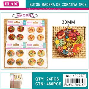 Bottone Decorativo in Legno ILAN 30mm con Design Floreale per Artigianato e Cucito - Product Image 3