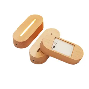AA Battery Oval 3D LED Wood Lamp Base Night light led wood USB Acrylic Lamp Base LED Night Light Wooden Base With Battery Box