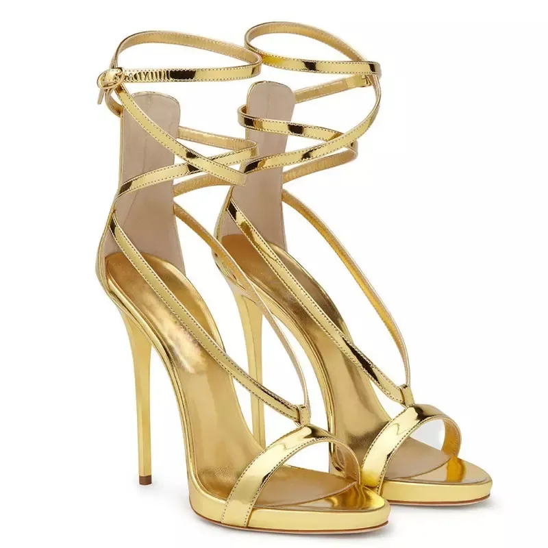 Supporta sandali con tacco da donna di grandi dimensioni OEM/ODM sandali a spillo con tacco alto e punta aperta in pelle argento dorato