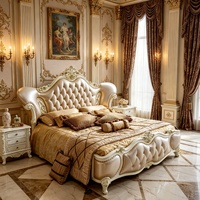 Lit King Size Classique Baroque en Bois Fait Main avec Couronne Florale Dorée et Cuir Métallisé Ambré pour la Maison