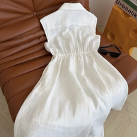 Robe en lin sans manches pour femmes, col chemise, taille élastique, robe midi décontractée blanche