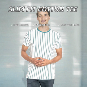 เสื้อยืดผู้ชายลายทางผ้าฝ้าย 100% แขนสั้น คอกลม ถักทอ สวมใส่สบายๆ - Product Image 2