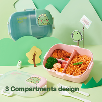 Lonchera Infantil de 3 Compartimentos, Apta para Microondas, de Calidad Alimentaria, para Estudiantes de Primaria, Diseño de Dinosaurio