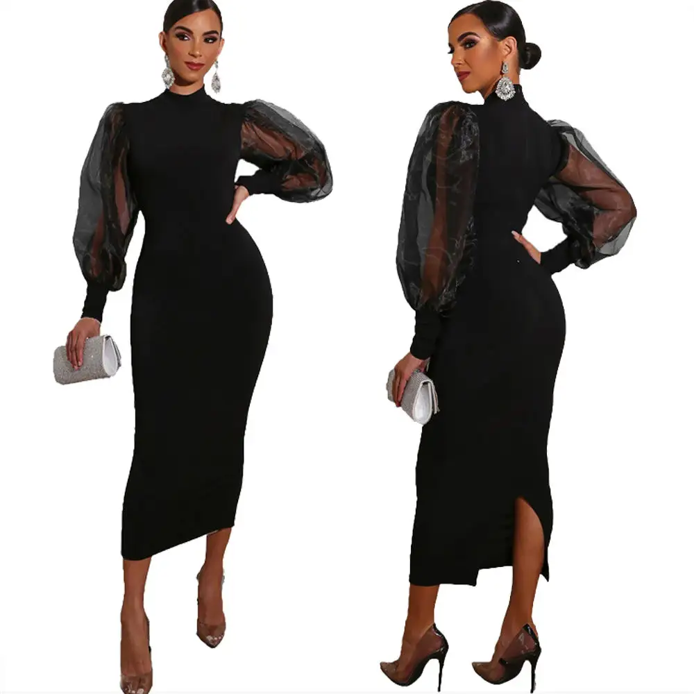 Black Mesh Long Puff Sleeve Midi Autumn Women Party Winter Dress Lady Elegant Turtle Neck Sexy Bodycon Evening Dresses Clubwear