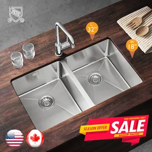 Luxury 304 Kitchen Sink Undermount Double Bowl Handmade Square North America Standard Size Stainless Steel Sink For Kitchen