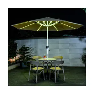 MOJIA factory supplier LED outdoor umbrella aluminum pole solar panel parasol round shape sun umbrella beach for sale