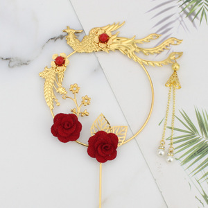 Chinese Style Metal Cake Topper Phoenix Design Red Roses Wedding Decoration Circle Shape Handmade - Product Image 1