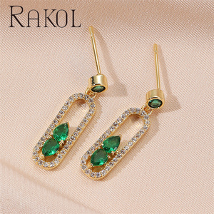 Rakol ต่างหูสำหรับผู้หญิงหมุดกลวงชุบทองเครื่องประดับเพชรมรกตเรขาคณิต EP6036 - Product Image 2