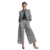 Ensemble 2 pièces pour femmes, veste en tweed courte, pantalon large, tenue élégante décontractée