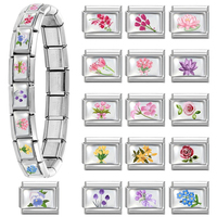 Bracelet à breloques italien à motif floral en acier inoxydable plaqué or 18 carats, accessoire de bijouterie modulaire de mode à assembler soi-même
