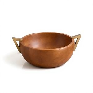 Walnut Finished <b>Mango</b> <b>Wood</b> Serving <b>Bowl</b> Round Salad <b>Bowl</b> with Modern Geometric Trapezoid Metal Side Handles - Product Image 1