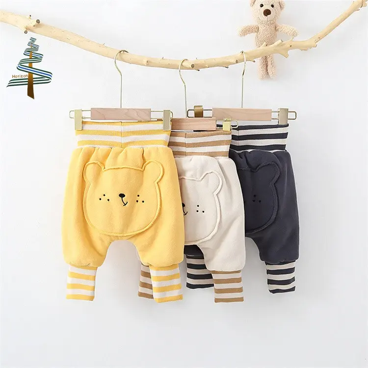 Winter Infant Boys Girls Solid Color Cute Bear High Waist Plus Velvet PP Trousers Baby Thickened Harem Pants