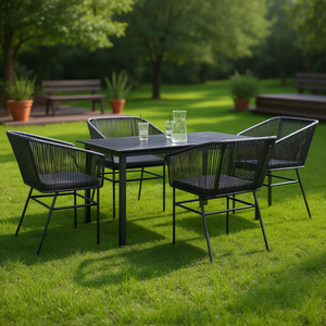 Set da Pranzo da Giardino in Rattan Nero per 4 Persone, Resistente alle Intemperie, Design Contemporaneo con Struttura in Metallo - Product Image 2