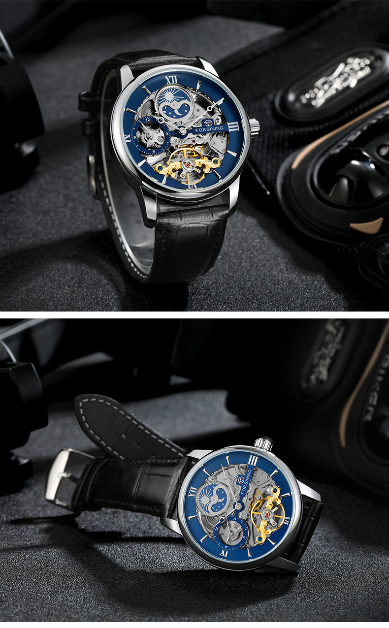 Forsining 8217 Design Hollow Engraving Black Gold Case Leather Skeleton Mechanical Watches Men Luxury Brand Heren Horloge