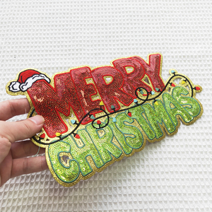 Cá nhân hoá tùy chỉnh giáng sinh vui vẻ long lanh lớn <span class=keywords><strong>sequin</strong></span> chữ thêu sắt trên các bản vá lỗi cho quần áo - Product Image 1