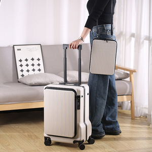 Aluminum Frame PC <b>Suitcase</b> Front Open Side Open Pocket Luggage with Phone Holder USB Charging Port Carry on Luggage - Product Image 2