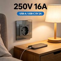 Prise murale de luxe 86 mm avec port USB Type-C, 250 V 16 A, panneau en verre trempé, pour maison et hôtel, couleur grise