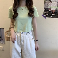 Atasan Crop Wanita Kerah Bulat Gaya Korea Warna Solid Longgar Model Terbaru Musim Panas 2026 Serbaguna Meniruskan Tubuh Lengan Pendek