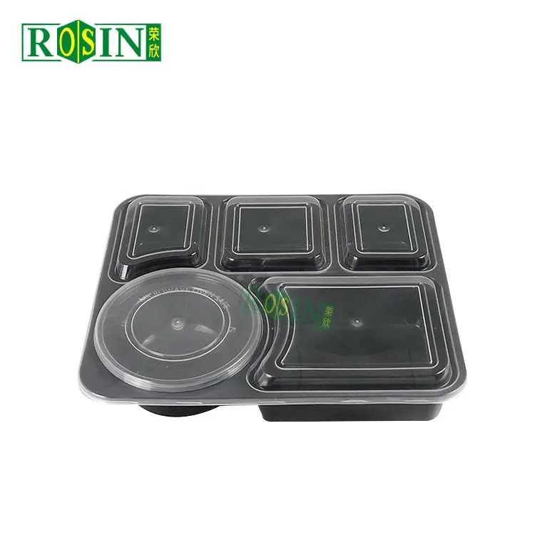 Customized 5 Compartment Black Microwave Disposable Plastic Lunch Boxes Meal Prep Containers With Lid For Restaurant