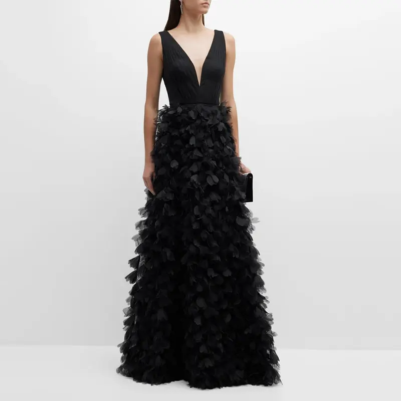Unique Design Deep V-Neck Ruffle Gown Sexy Sleeveless Pleated Bodice Prom Dress A-line Tulle Evening Dress