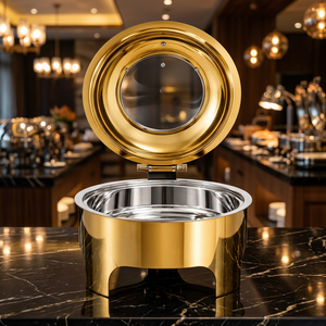 Plat à réchaud doré en acier inoxydable, ensemble de 4 pièces, chauffe-plats, support de buffet, pour traiteur, mariage, hôtel, banquet, 8L, lavage à la main uniquement, MORADABAD - Product Image 2