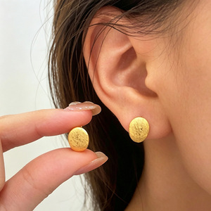 925 Sterling <b>Silver</b> Oval <b>Stud</b> <b>Earrings</b> Matte Gold Texture Everyday Wear Simple Commuting Versatile <b>Earrings</b> - Product Image 1