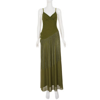 Robe longue élégante pour femme, style rétro unique, imprimé dentelle, col en V, bretelles, taille ajustable avec cordon, franges, style décontracté