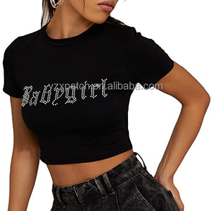 Maglietta personalizzata in cotone nero con Logo di strass Y2K Streetwear Crop Top per donne e ragazze abbigliamento a maglia corta - Product Image 2