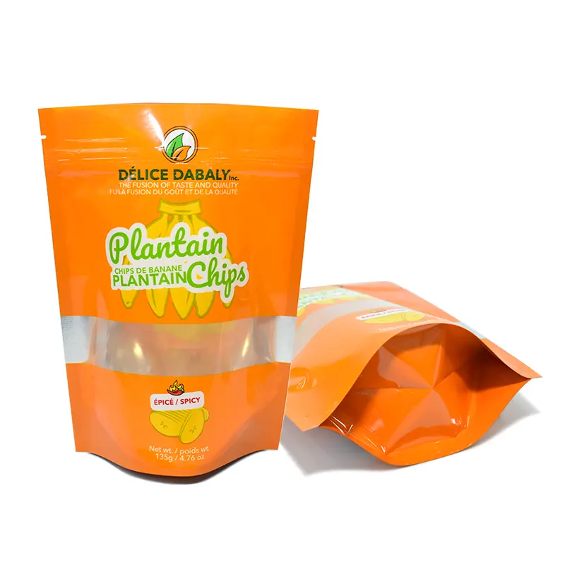 Emballage de snack-chips avec logo personnalisé popcorn en nylar avec fermeture éclair sacs de qualité alimentaire pochette sachet chips de plantain plastique composite refermable