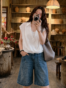 Chemise d'été sans manches A619 avec détails en tricot – Tissu doux et frais en mélange de soie, col ample, coupe décontractée, printemps-été - Product Image 3