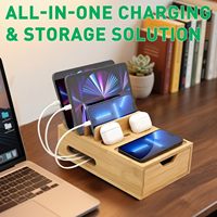 Station de charge en bambou pour plusieurs appareils, organiseur de chargeur de bureau en bois avec tiroir et plateau pour téléphone portable, tablette, écouteurs
