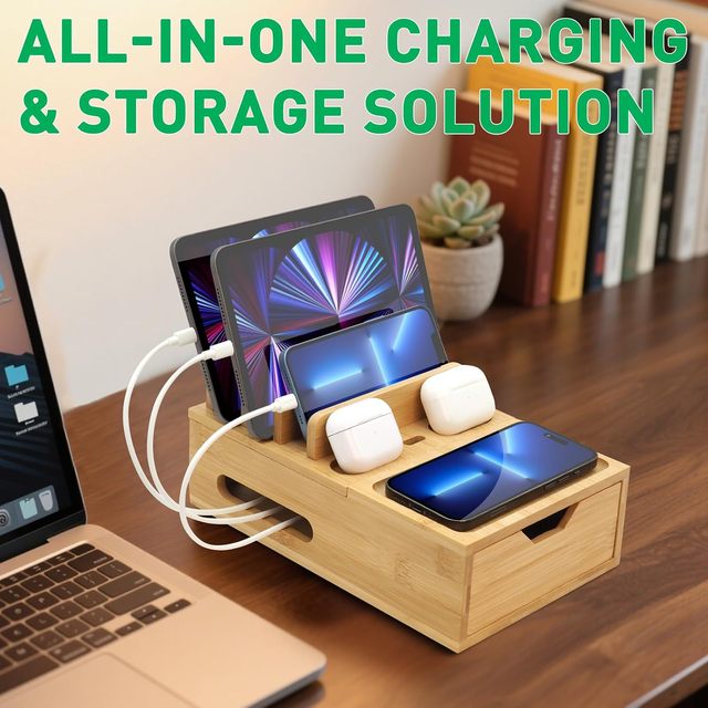 Bamboo Charging Station for Multiple Devices Desktop Wood Charger Organizer with Drawer & Tray for Cell Phone Tablet Earphones
