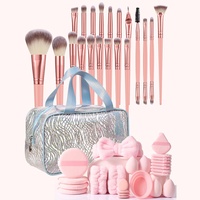 Ensemble de 55/45 pinceaux de maquillage plats en nylon avec manches en plastique, comprenant une trousse de toilette, une éponge de beauté et un houppette à poudre