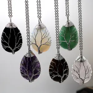 Natural Crystal Rhinestone Unique handmade tree of life chakra crystal nature stone teardrop pendant necklace charm for jewelry