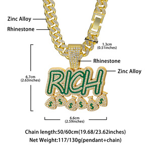 Conjunto de Cadena Cubana con Colgante Iced Rich, Chapado en Oro, Diamantes de Circonita, Collar Hip Hop, Letra de Aleación con Esmalte Verde, Amuleto de Bolsa de Dinero, Regalo - Product Image 6