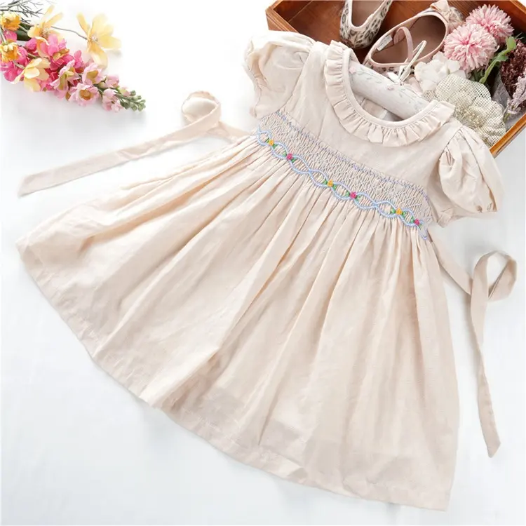 Summer Embroidery Child Clothes Puff Sleeves Peter Pan Collar Cotton Boutique Smocked Girl Dress