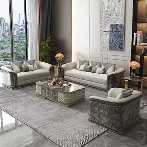 Ensemble de canapés de salon canapé combiné en bois massif <span class=keywords><strong>et</strong></span> cuir véritable 321 grand canapé combiné de salon en cuir véritable gris - Product Image 2