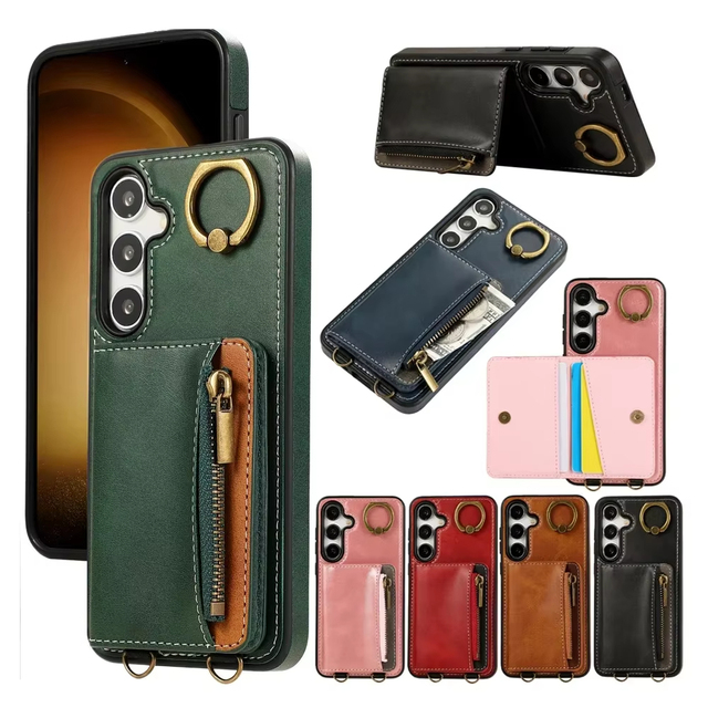 Shockproof Leather Card Holder Wallet Case for Samsung Galaxy S26 Ultra S25 S24 A55 A35 A54 A53, Ring Flip Kickstand Phone Cover