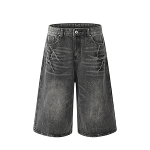 New Arrival Washed Lightning Pattern Blue Cropped Denim <strong>Shorts</strong> Unisex Retro Baggy Neutral Style Black Men's Jorts