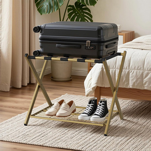 Gold Luggage <strong>Rack</strong>, Foldable Iron Suitcase Stand with 5 Nylon Straps, Luggage Holder with Shelf for Guest Room Bedroom Hotel - Product Image 4