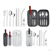 Ensemble de couverts de camping en acier inoxydable, couteaux, fourchettes, pailles, cuillères, baguettes portables, ensemble de couverts de voyage avec étui, cadeau