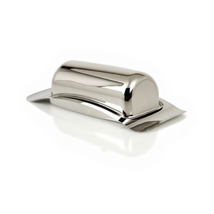 Plat à beurre ovale en acier inoxydable avec couvercle rabattable, design minimaliste, vaisselle de cuisine, compatible lave-vaisselle, préservation de la fraîcheur - Product Image 1